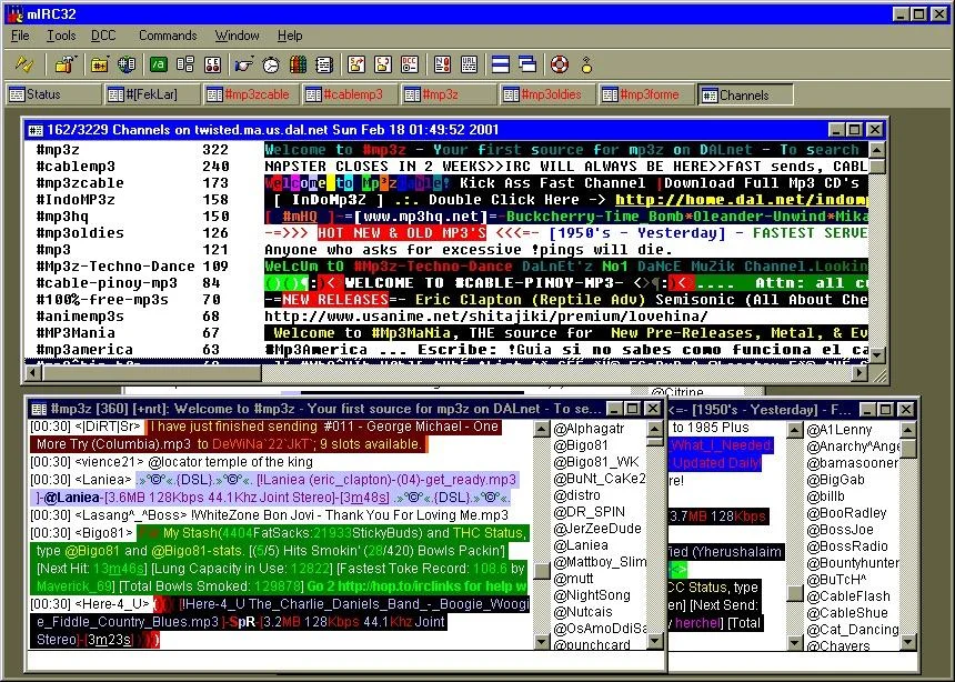 Screenshot van mIRC met drukke mp3-kanalen, chatvensters en downloadberichten